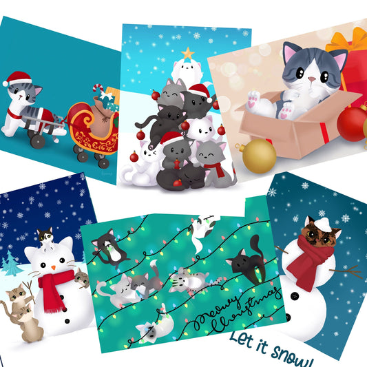 Cute Christmas Kitty Postcards, Set of 6, Greeting Cards/Postcards, Post Cards