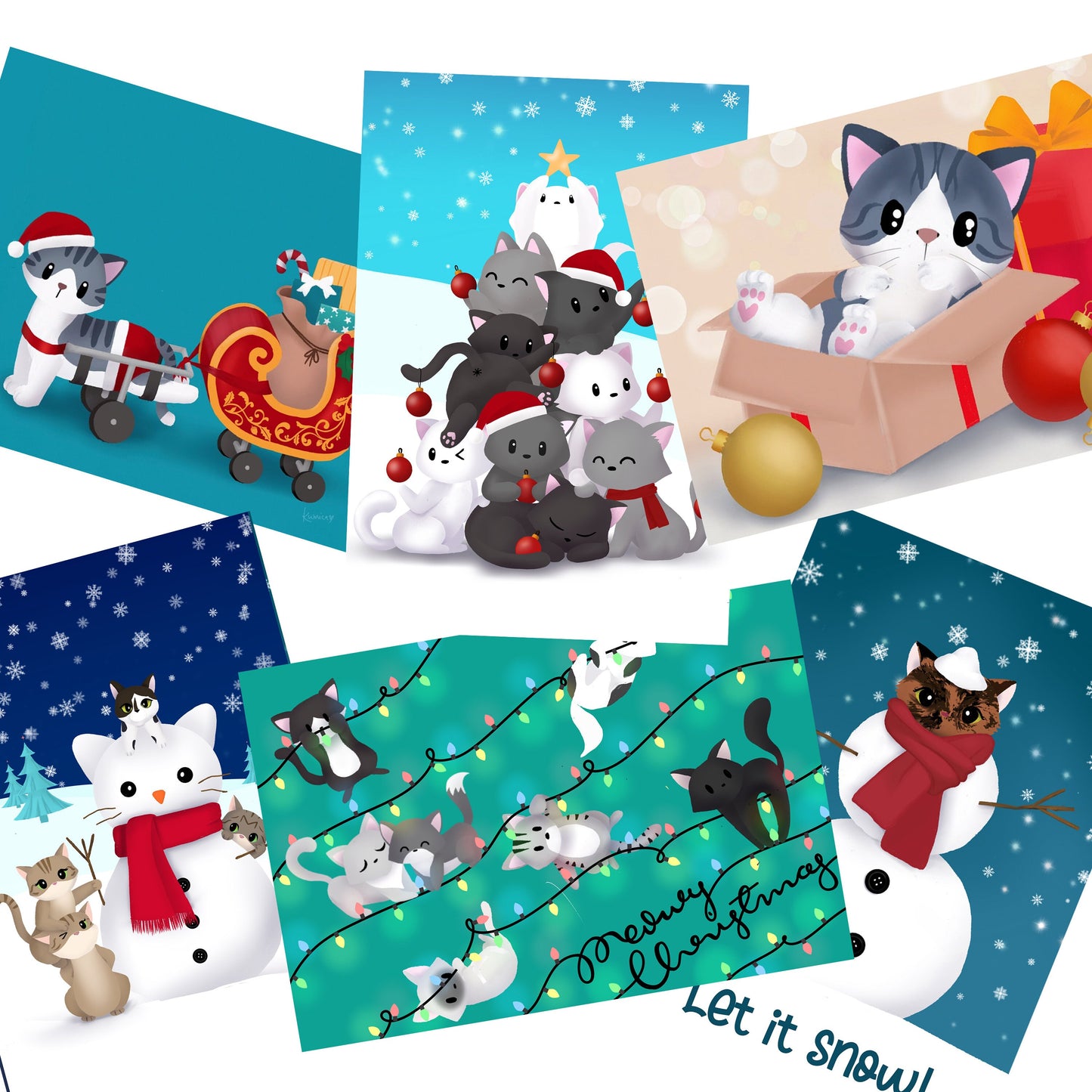 Christmas Postcard - Kitties Building a Snowman