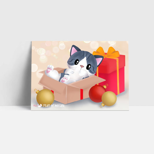 Christmas Postcard - Cute Xmas Kitty in a Gift Box