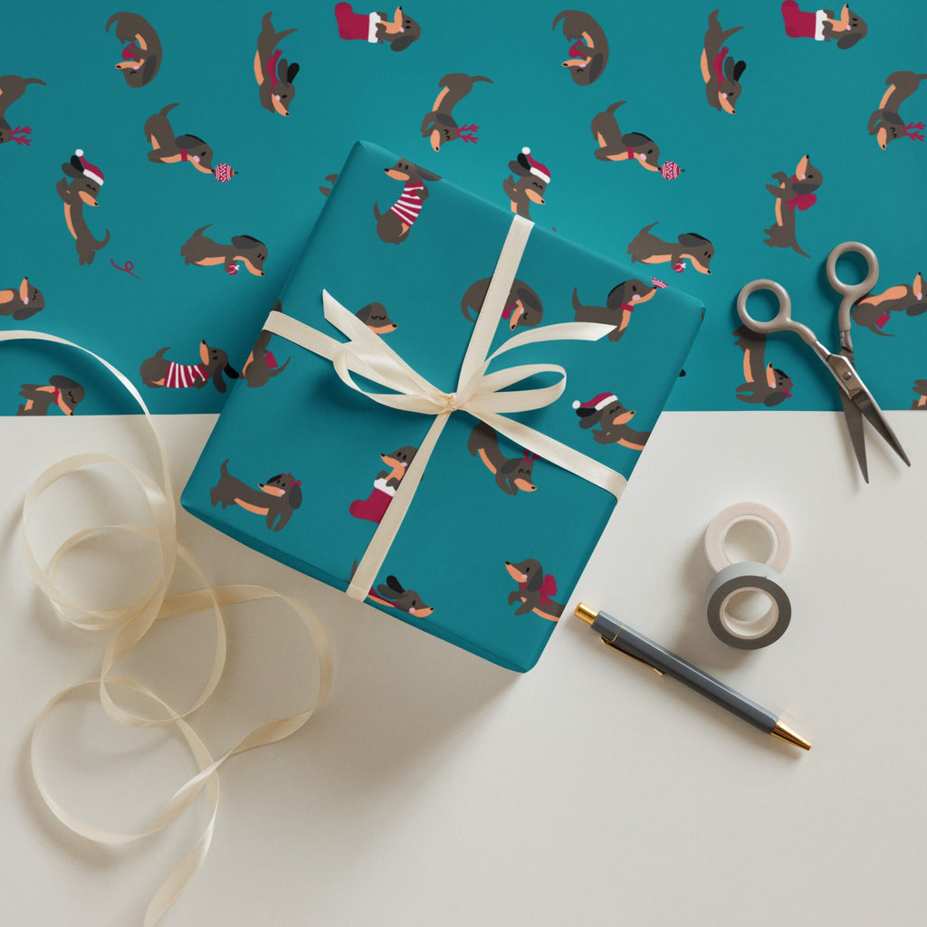 Christmas Dachshunds (Teal) Wrapping paper sheets