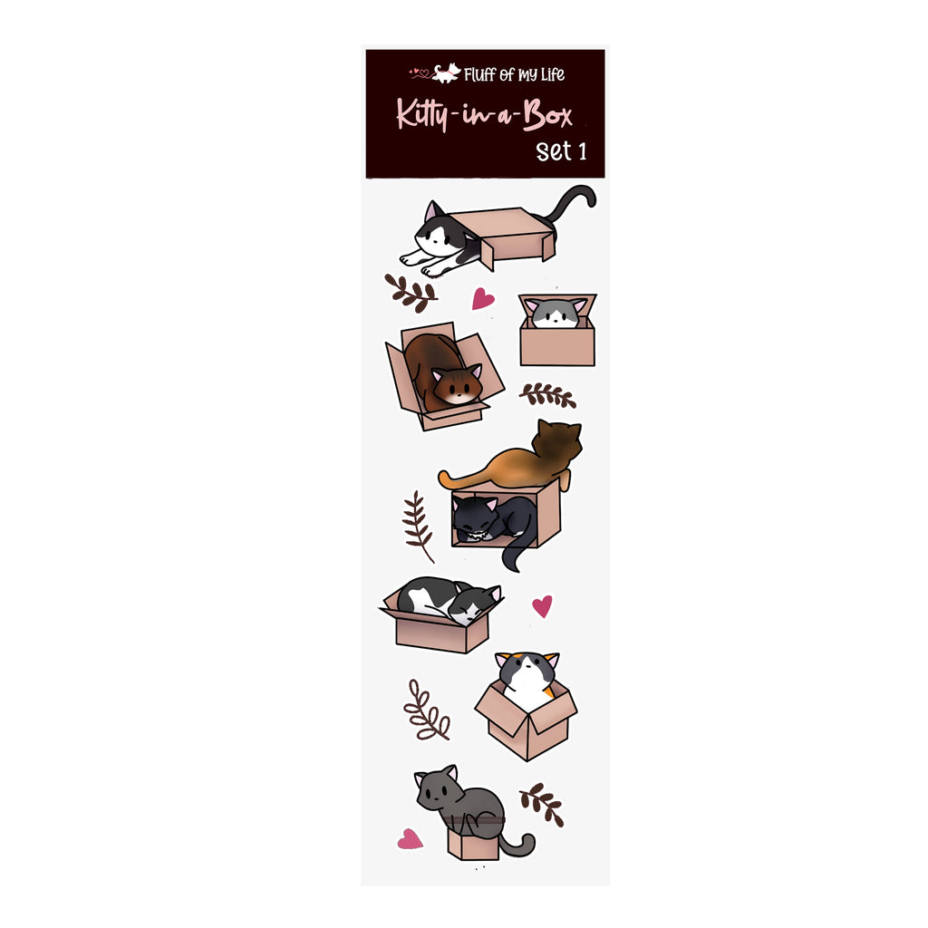 Sticker Sheet, Set of 3 - Kitty-in-a-Box (2" x 7")