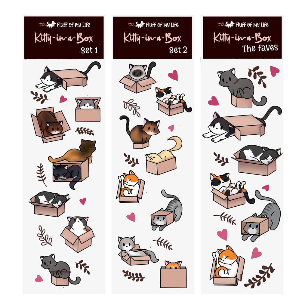 Sticker Sheet, Set of 3 - Kitty-in-a-Box (2" x 7")