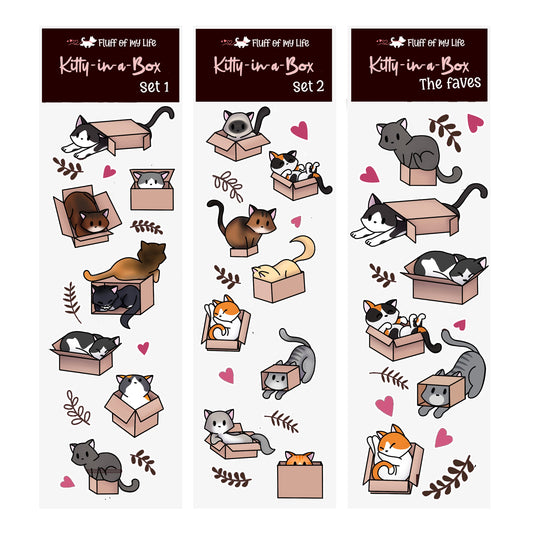 Sticker Sheet, Set of 3 - Kitty-in-a-Box (2" x 7")