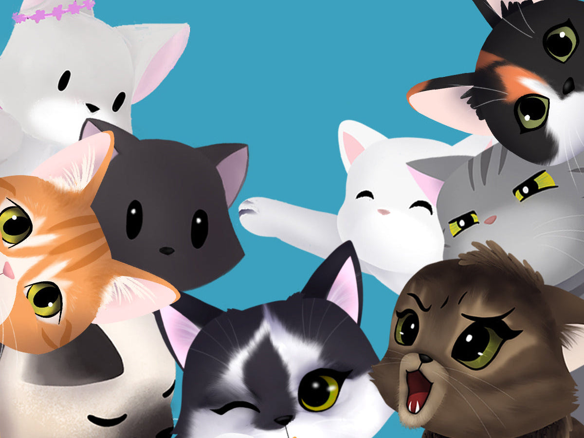 A digital illustration of seven cute, stylized cartoon cats with large expressive eyes and various colors, set against a solid bright blue background.