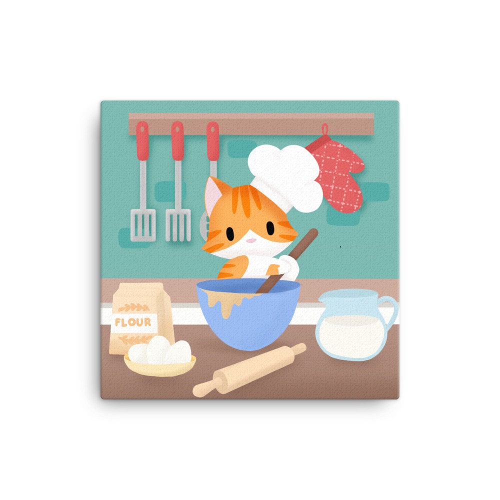 Kitty Chef with Mixing Bowl - Canvas Print, 12&quot; x12&quot;