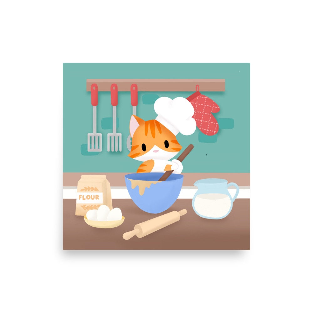 Kitty Chef with Mixing Bowl - Poster (inspired by Mac the special needs cat)
