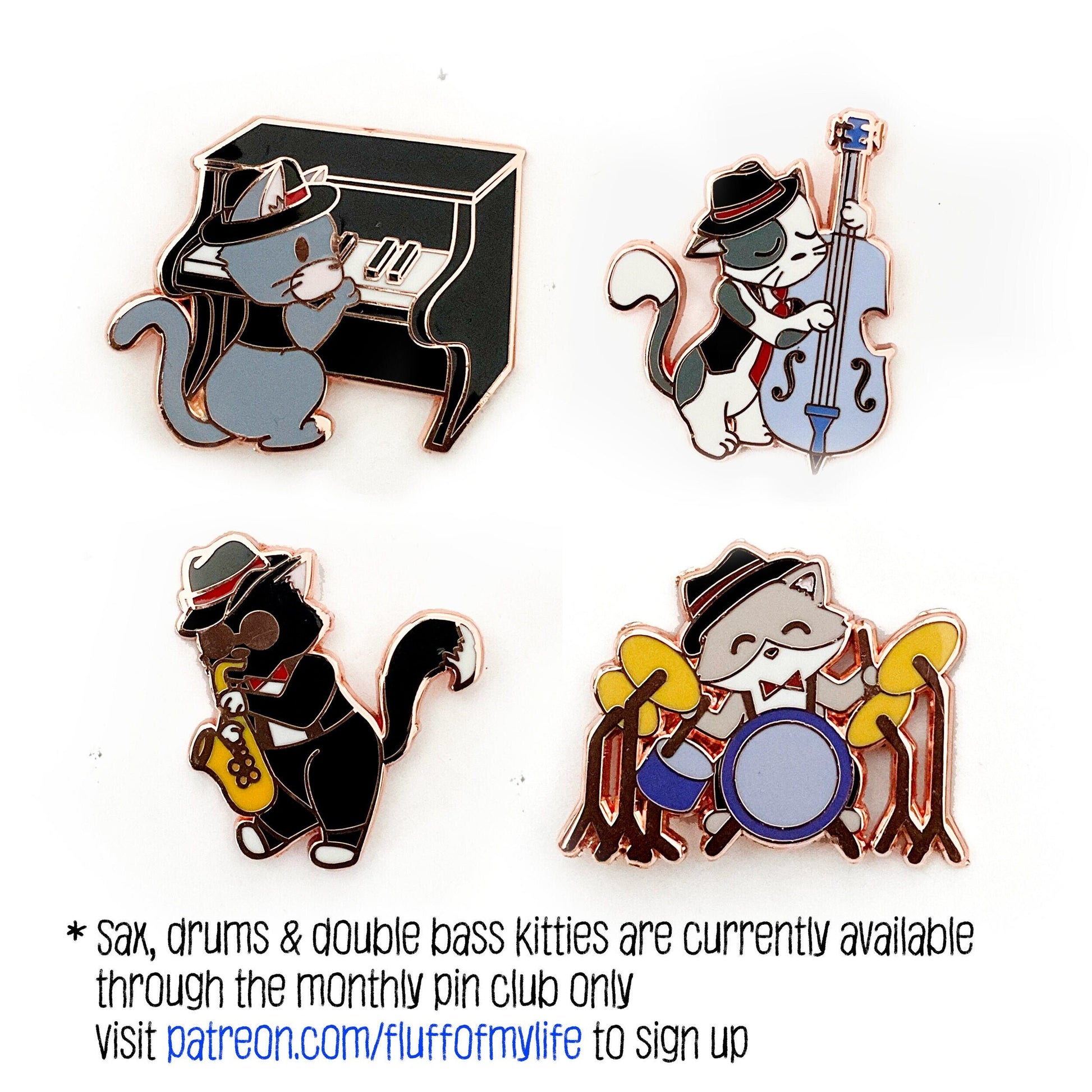 Jazz Kitties Collection - Piano Kitty - Small Enamel Pin (All Fluffed Up Pin & Sticker Club), Pins, Brooches & Lapel Pins