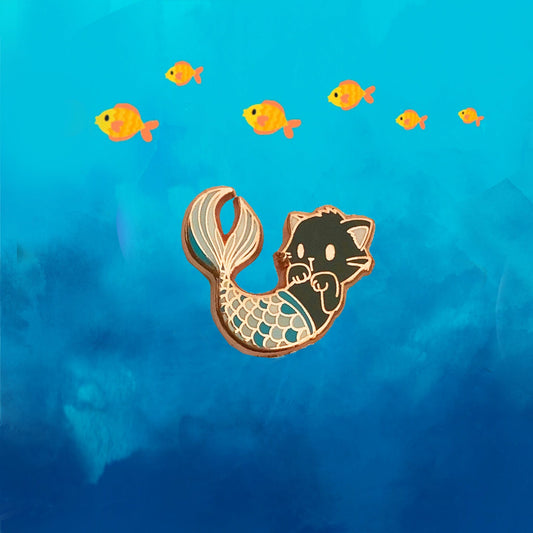 Purrmaid III - Small Enamel Pin (Black Cat with Blue Mermaid Tail, Kawaii Lapel Pin), Pins, Brooches & Lapel Pins
