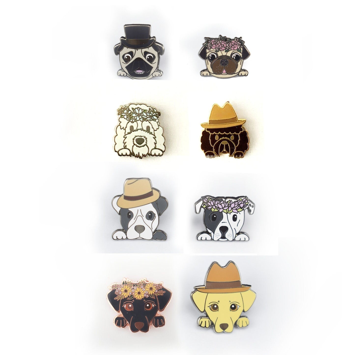 Set of 8 Dog Enamel Pins, Dog in Vintage Hat, Dog with Floral Crown, Pins, Brooches & Lapel Pins