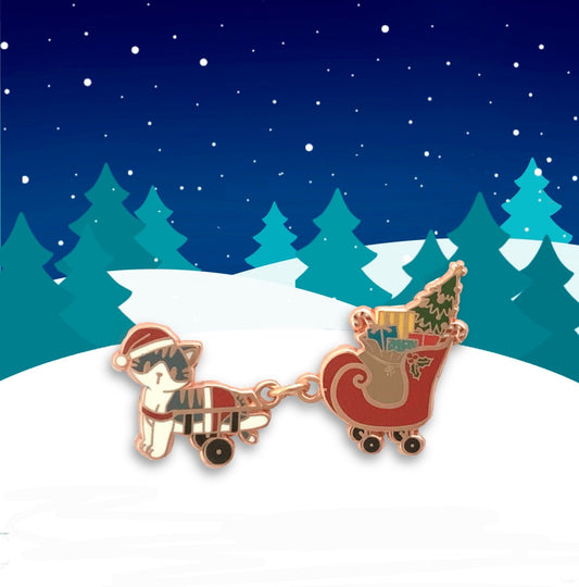 Santa Paws - Cute Christmas Cat Enamel Pin, Special Needs at with Santa Sleigh, Pins, Brooches & Lapel Pins