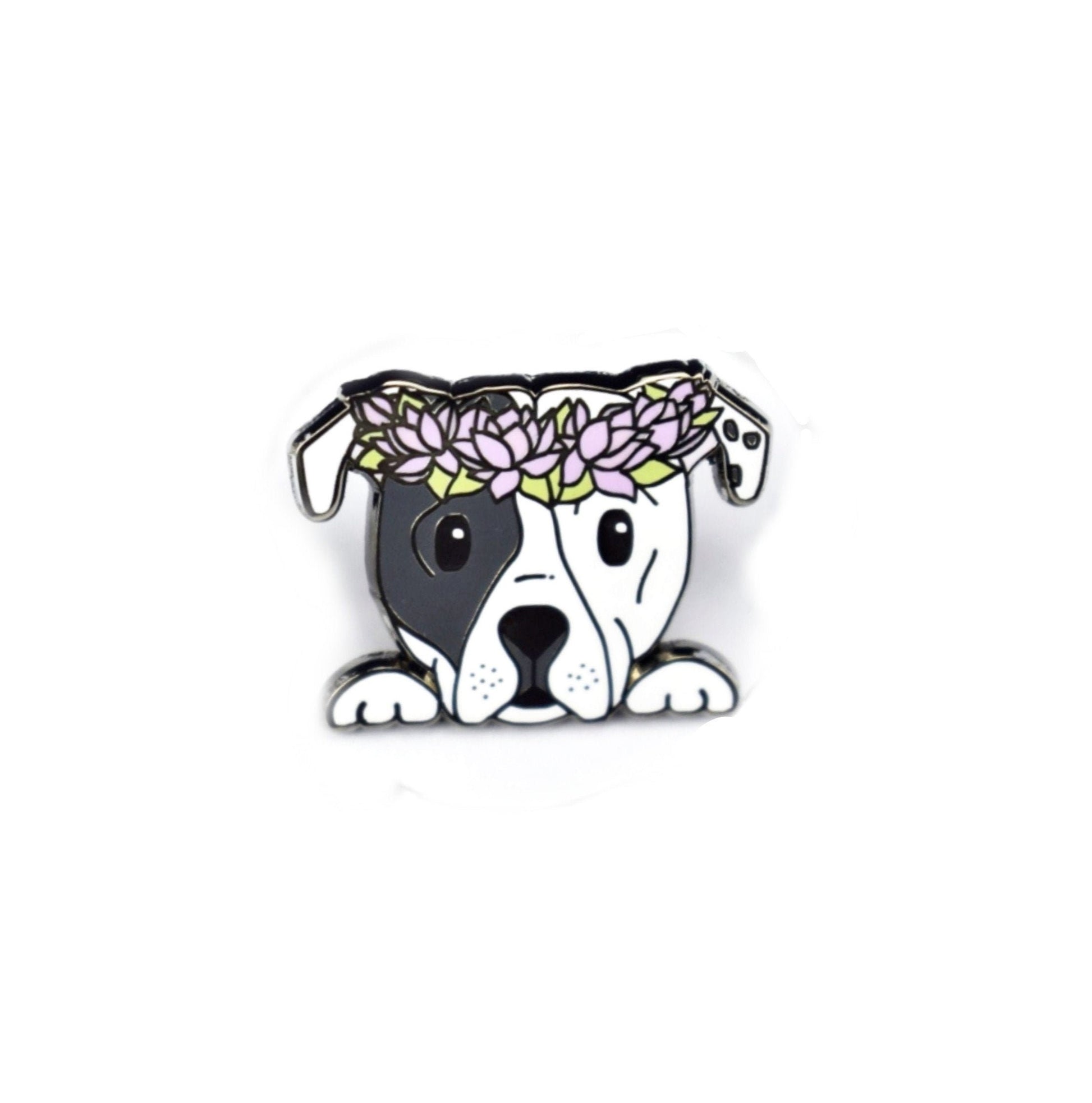 Petey the Tripod Pittie with Lotus Flower Crown - Small Enamel Pin (Charity Pin, Pitbull), Pins, Brooches & Lapel Pins