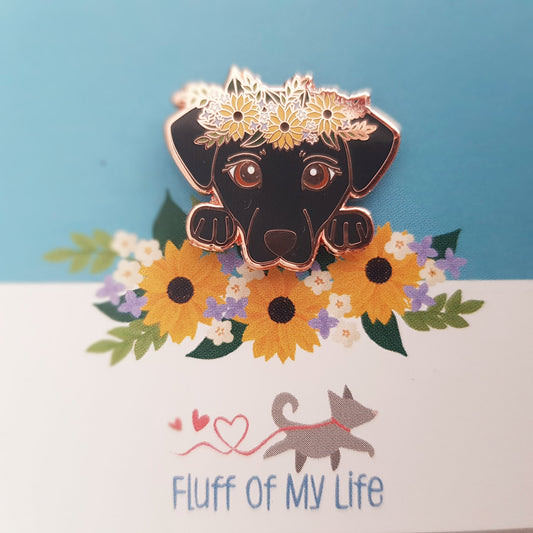 Labrador Pin, Black Lab with Sunflower Crown - Small 1&quot; Enamel Pin, Pins, Brooches & Lapel Pins