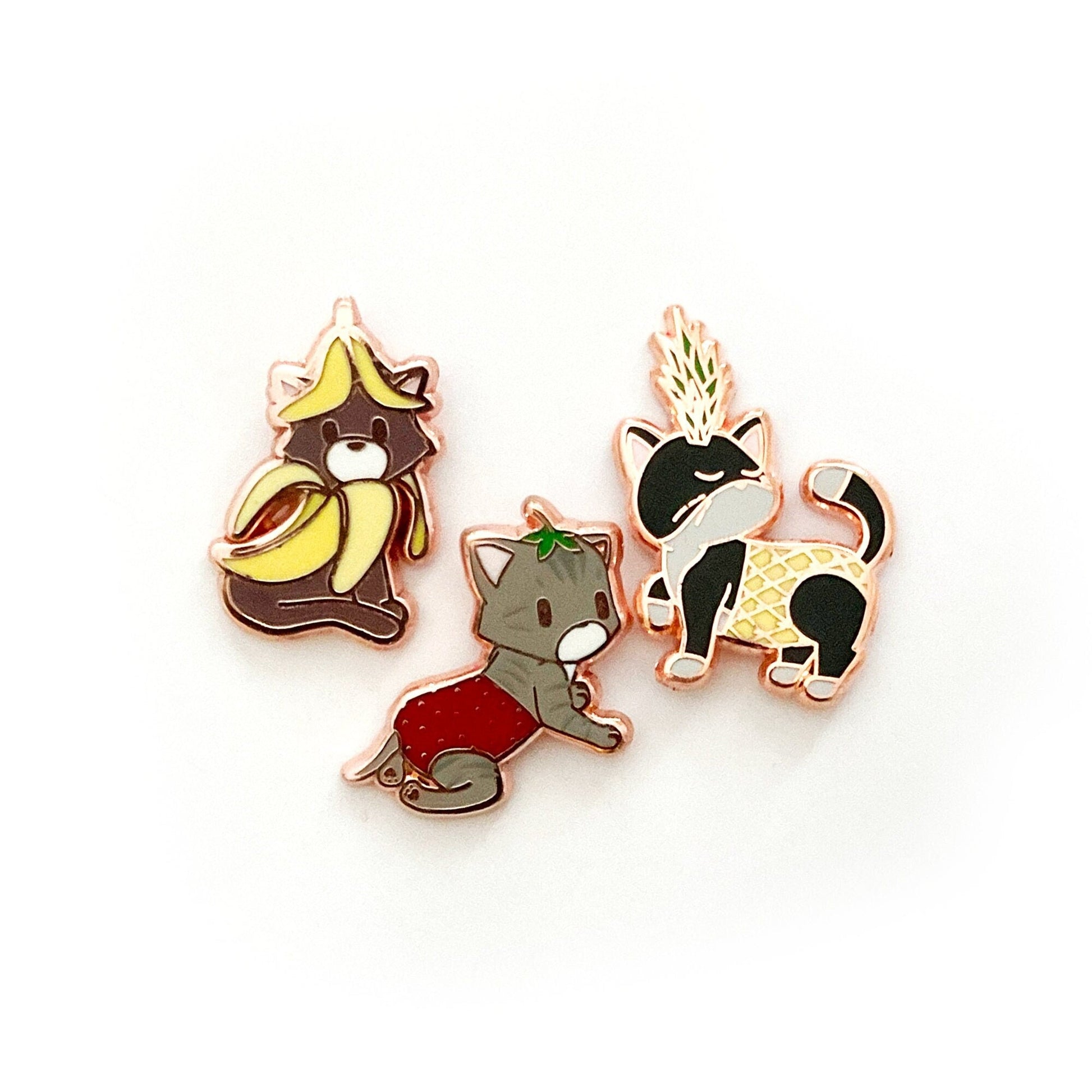 Fruit Salad Kitties Mini Collection, Set of 3 (Banana, Pineapple, Strawberry) - Small 1&quot; Enamel Pins, Pins, Brooches & Lapel Pins