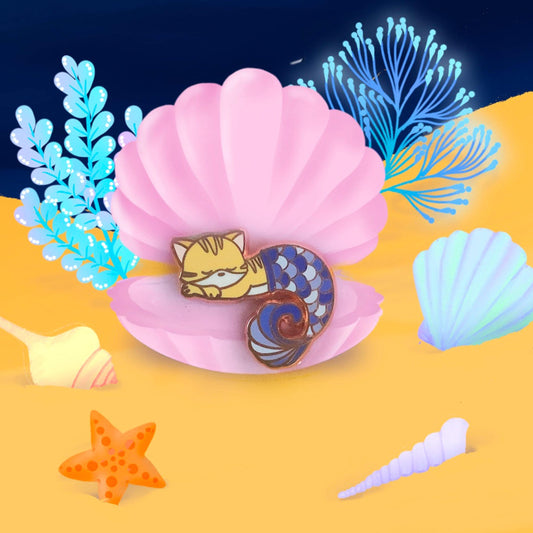 Purrmaid V - Enamel Pin, Sleeping Ginger Tabby Cat with Blue/Purple Mermaid Tail - Small 1&quot; Enamel Pin, Pins, Brooches & Lapel Pins